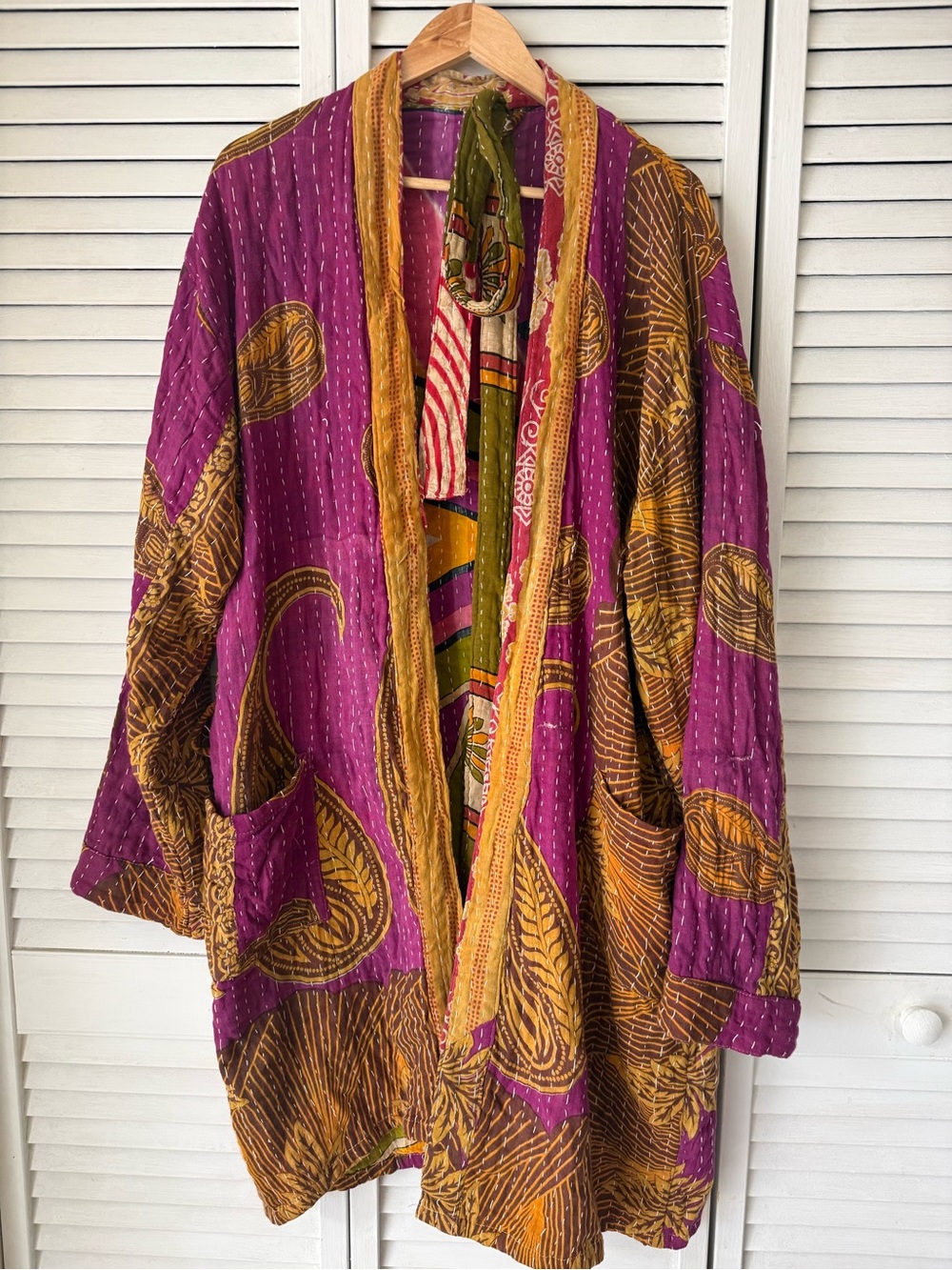 Boho  Kantha kimono in Pink, Purple, Mustard, Olive reversible PTP 27 length 41 - Picture 3 of 4